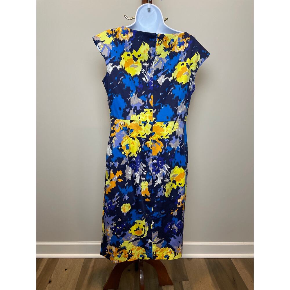 Donna Ricco Dress Blue Yellow Abstract Floral Sheath Cap Sleeve Size 10 - Picture 3 of 7